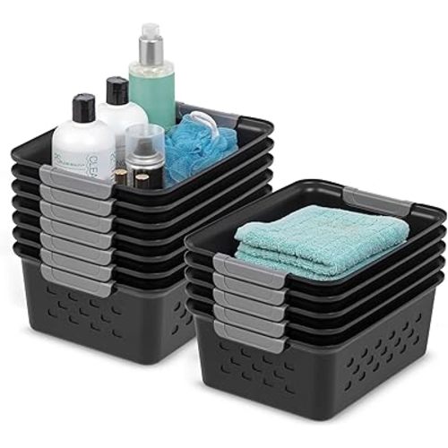 IRIS USA Plastic Storage Baskets, 12-Pack, Made in USA, Shelf Baskets Small Baskets Organizing Bins For Pantry Countertops Closet Shelves Office, Muti-Purpose, Nestable, Easy Carry, Black