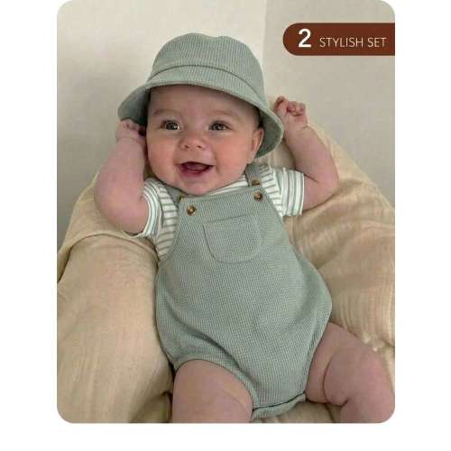 Newborn Baby Boy Casual Cute Striped Short Sleeve T-Shirt And Green Jumpsuit Set | SHEIN USA