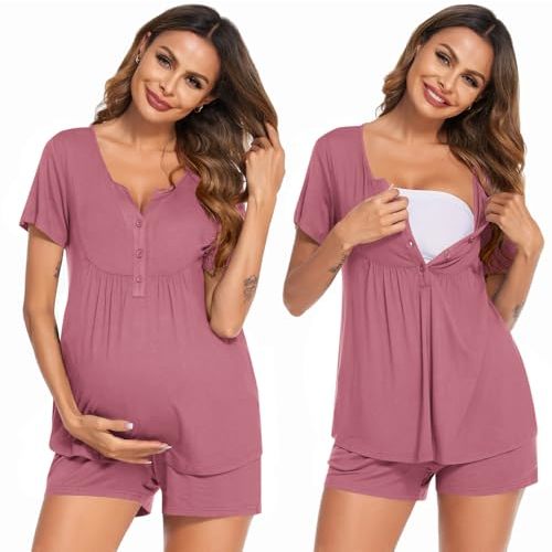 Ekouaer Women's Maternity Nursing Pajama Sets Short Sleeve Postpartum Pajamas Breastfeeding Pregnancy Clothes