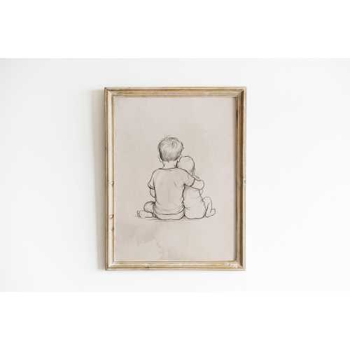 Big Brother and Little Brother Print - Vintage Sketch Nursery Decor - Siblings Wall Art