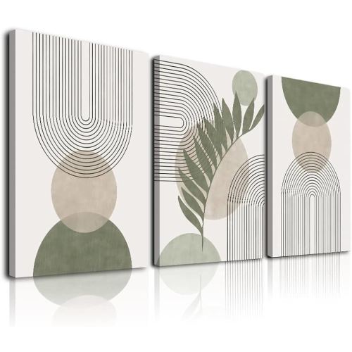 Sage Green Boho Wall Art Set of 3, Minimalist Framed Wall Art Geometric Line Leaf Sun Moon Beige Green Canvas Artwork Paintings, Abstract Botanical Boho Room Decor, Office, 12"x16"