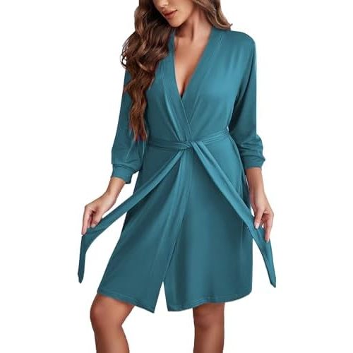Ekouaer Women's Robe Lightweight 3/4 Sleeve Knit Bathrobe Soft Knee Length Sleepwear Robes with Pockets S-XXL
