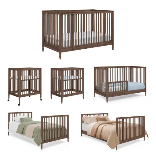 Delta Children Jalen Grow with Me 9-in-1 Convertible Crib, Teak Brown | Greenguard Gold Certified Crib Converts from Portable Bassinet to Crib, Toddler Bed, Daybed, Love Seat, Twin Bed & Full Bed
