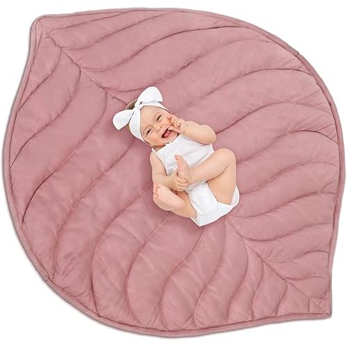 Funtery Baby Play Mat 56 x 42 Inch Cotton Nursery Rug Floor Playpen Mat Nursery Decor Rug Pink Leaf