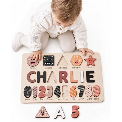 Zuzu Puzzle Personalized Name Puzzle for Toddlers 1-3 with Numbers and Shapes, Handmade Learning Toy, CPC Certified, Keepsake Nursery Decor, for 1st Birthday