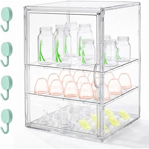 Baby Bottle Organizer, 3 Tier Bottle Storage Organizer Baby, Adjustable Clear Acrylic Bottles Storage Station with Magnetic Door and Hook for Pacifiers Pump Parts, Makeup & Bathroom Organizer