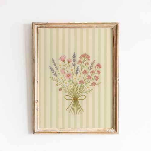 Lavender & Pink Wildflower Print – Soft Green Botanical Poster – Cottagecore Nursery Wall Decor