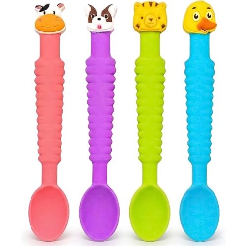 3-in-1 Silicone Baby Spoon Self Feeding 6+ Months - Pediatric OT Designed Teether Spoon, BPA Free Infant Toddler Utensils, Mess-Free, Fun for Baby Led Weaning Supplies - 4 Pack