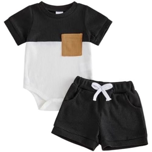 Newborn Baby Boy Summer Outfit Set Contrast Color Romper Tops With Elastic Waist Shorts Cute Infant Waffle Clothes
