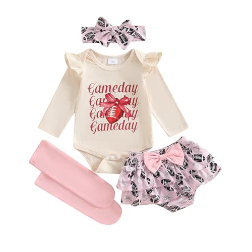 TheFound Football Skirt Set for Baby Girls Football Season Print Onesie Romper Ruffle Shorts Headband Sock Fall Winter Outfit