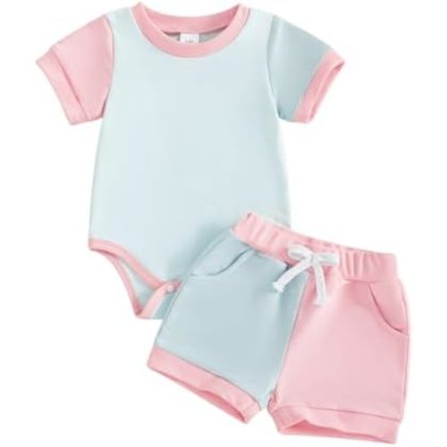 allshope Newborn Baby Girl Summer Outfit Set Contrast Color Romper Jumpsuit Tops Shorts Cute Infant Clothes