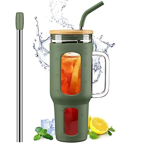 WINSA Glass Tumbler with Lid and Straw, 46 oz Iced Coffee Cup with Handle, Large Water Bottles with Silicone Sleeve, Glass Cup with Straws - Pearl Straw & Drinking Straw BPA Free-Olive