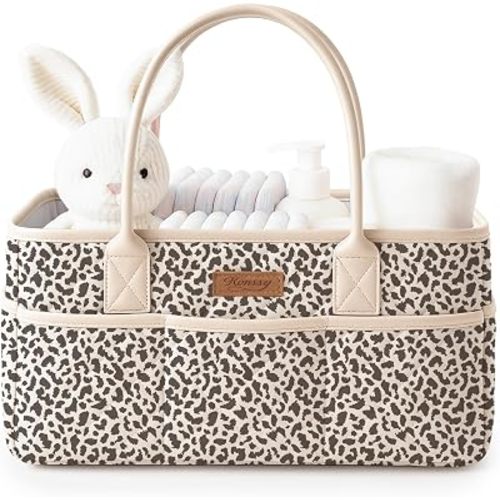 Konssy Quilted Diaper Caddy Organizer, Diaper Caddy Basket with PU Leather Handles, Water-Repellent Nursery Storage Basket, Portable Car Organizer, Registry Search Must Haves (Little Leopard)