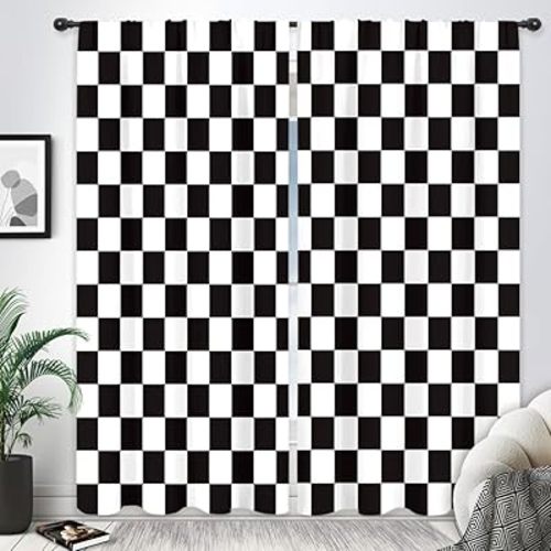 Black White Car Cute Checkered Hippie Living Room Bedroom Window Curtains
