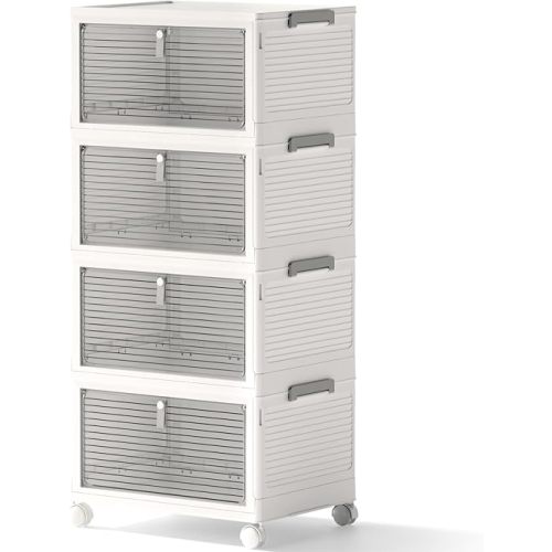 Storage Bins with Lids,4 Tier Stackable Storage Bins with Drawers,4 Pack Collapsible Plastic Storage Boxes with Wheel-1 Lid,23QT Foldable Containers for Closet Living Room Bedroom Office.