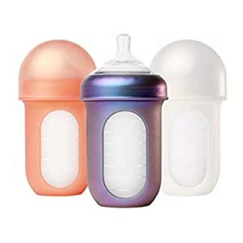 Boon NURSH Reusable Silicone Baby Bottles with Collapsible Silicone Pouch Design — Everyday Baby Essentials — 3 Count — Stage 2 Medium Flow — 8 Oz — Metallic : Baby