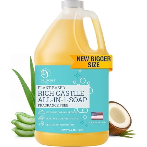 Dr. Jacobs Naturals Pure Castile Soap, 64 oz Value Size - Unscented - Made in USA - All-in-One Plant-Based Multipurpose Cleaner for Floors, Counters, Dishes & Laundry, Gentle on Skin, Biodegradable