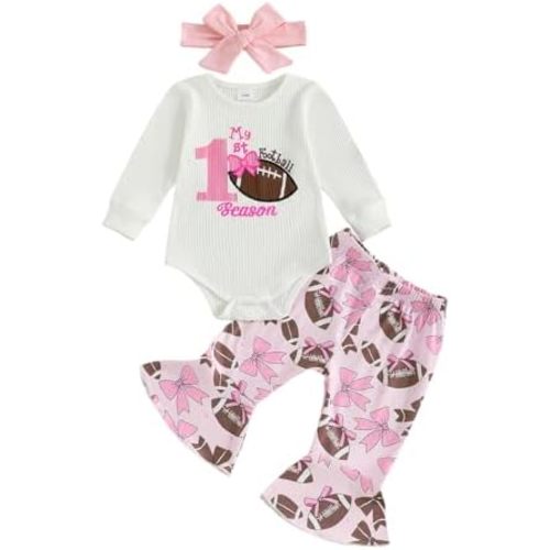 Kuriozud Newborn Baby Girl Bell Bottom Outfit Ruffle Romper Cute Bow Flare Pants Set Headband Cute Clothes