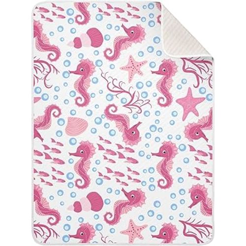 Kigai Seahorse and Starfish Baby Blanket for Newborn Boys Girls, Ultra Soft Warm Cozy Bed Throws Blanket Double Layer Newborn Receiving Blanket 30 x 40 Inch
