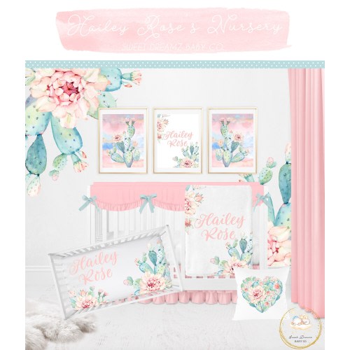 Cactus Crib Bedding Set, Cactus Nursery Girl, Pink Baby Bedding Girl, Cactus Crib Sheet, Succulent Baby Blanket, Floral Crib Bedding Boho