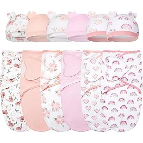 Ramede 6 Pack Swaddle Blanket with Hats for Baby Girl Boy 100% Cotton Swaddles 0-3 Months, Adjustable Breathable Skin Friendly Receiving Blanket Wrap, Essential for Newborns