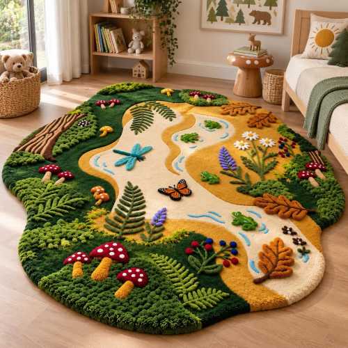 Hand Tufted Woodland Rug Mushroom Forest Wool Whimsical Botanical Kids Nursery Playroom Cottagecore Decor