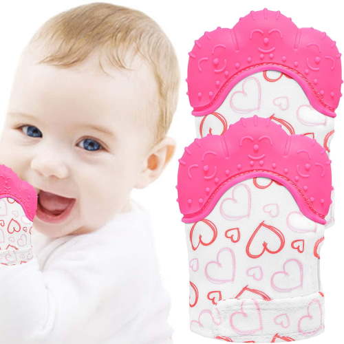 Teething Mitten 2 Pcs-Baby Glove Stimulating Teether Toys for Boys & Girls-Teething Glove for 3-6 Months Baby (Pretty Sweet Heart,Pink)