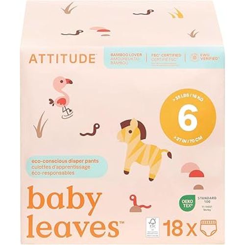 ATTITUDE Eco-Conscious Disposable Training Pants, EWG Verified, Size 6 (35 lbs), Easy to Pull Up, Ultra Absorbent Potty Diapers for Girls and Boys, Vegan & Plant-Based, 18 Count