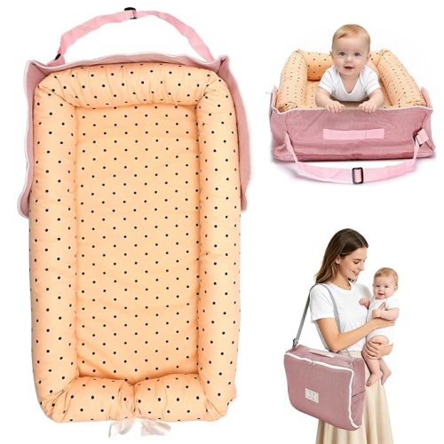 Baby Lounger for Newborns 0–24 Months,100% Cotton Breathable Baby Play Mat, Portable Infant Lounger for Home and Travel(Dotty Blush)