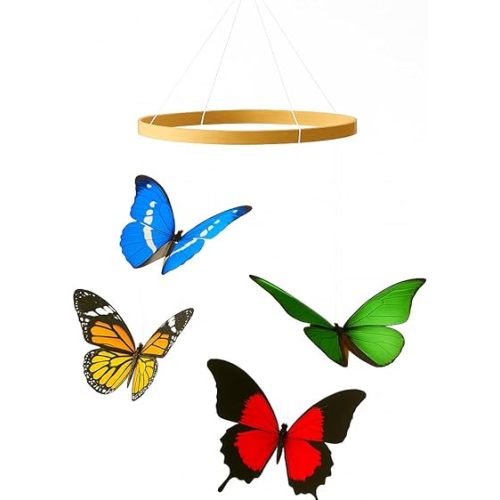 Butterfly Baby Mobile – Handmade Montessori Hanging Nursery Decor, Beech Wood Hoop & Colorful Butterflies for Crib/Play Area (Visual Sensory Stimulation)