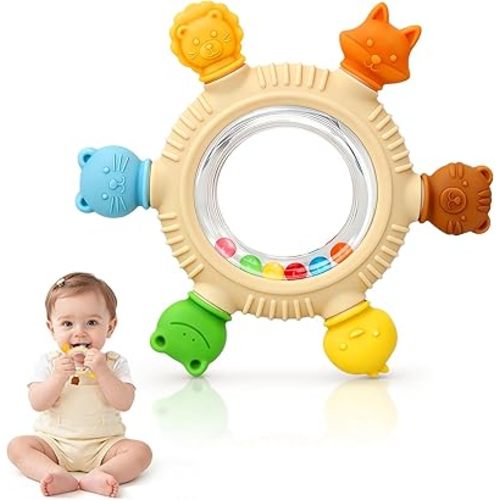 Teething Ring Toys 3-6 Months, BPA-Free Silicone Infant Rattle Teethers for Babies 6-12 Months, Baby Essentials Teething Relief Sensory Chew Toys, Baby Gifts for Boys and Girls