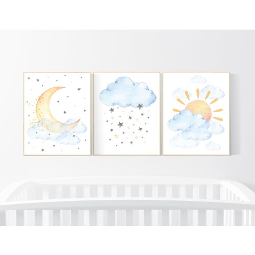 Sunshine Nursery Decor: Watercolor Moon, Cloud, and Sun Prints