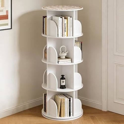 4 Tier Rotating Bookshelf Tower, 360° Spinning Corner Bookcase for Small Space,Spinning Bookshelf Tower for Study Room,Home Office,Space Saving Organizer(White, 4-Tier)