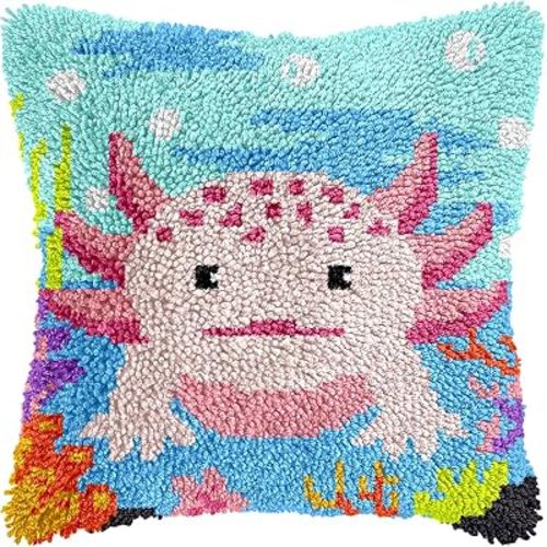 LUDOTEK Colorful Axolotl Latch Hook Kits for Adults Beginners Cute Animals Latch Hook Pillow Kit Pre-Printed Latch Hook Rug Kits Cross-Stitch Embroidery Cushion for Home Sofa Decoration 17x17 in.
