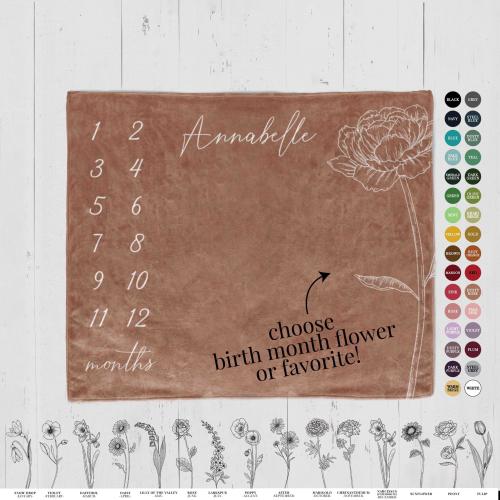 Flower Baby Girl Milestone Blanket Personalized Month Blanket with Name, Baby Photo Prop Custom Baby Girl Shower Gift for Neutral Nursery