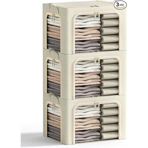 3 Openings Clothes Storage Bins with Metal Frame, Foldable Storage Bin for Clothes, Clothing Storage Bins with Lid, Linen Storage Box With Clear Window＆ Zippers＆ Durable Handles.(3 Pcs,Beige,40L)