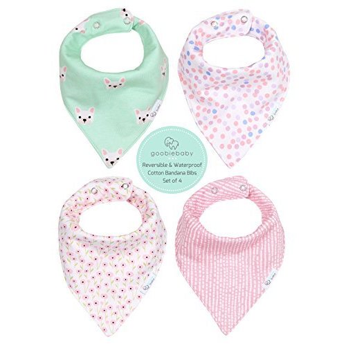 REVERSIBLE & WATERPROOF Cotton Baby Bandana Drool Bibs for Girls with Adjustable Snaps, Pack of 4, Soft Absorbent Cute Modern Premium Bib Set for Teething Drooling (Pink)