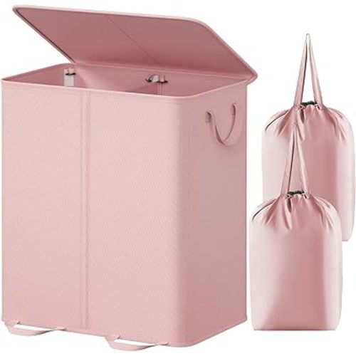 Lifewit Double Laundry Hamper with Lid and Removable Laundry Bags, Large Collapsible 2 Dividers Dirty Clothes Basket with Handles for Bedroom, Laundry Room, Closet, Bathroom, College, 155L Pink