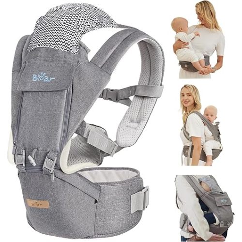 Bear Baby Carrier, 6-in-1 Baby Carrier Newborn to Toddler with Hip Seat (Ergonomic M Position) for 3-36 Month/ 7-44lbs Baby, Adjustable Size for Enhanced Lumbar Support, Perfect for On-The-go