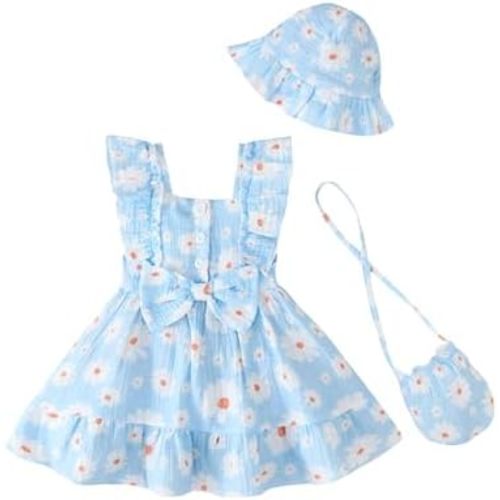 Renotemy Newborn Infant Baby Girl Dresses Summer Outfits Boho Casual Sundress Gifts Toddler Clothes for Girl with Hat and Bag