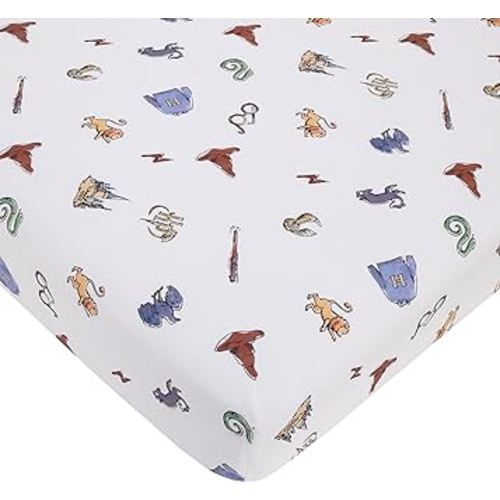 Warner Brothers Harry Potter Welcome Little Wizard Navy, Burgundy, Blue, and White 100% Cotton Fitted Crib Sheet
