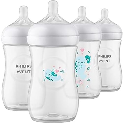 Philips AVENT Natural Baby Bottles with Natural Response Nipple, with Manatee Design, 9oz, 4pk, SCY903/61