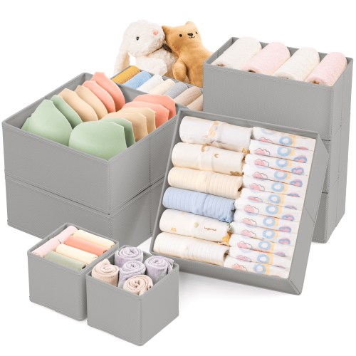 Criusia 9 Pack Drawer Organizers for Clothes, Foldable Fabric Closet Organizers and Drawer Dividers for Clothing, Baby Clothes, Socks, Underwear & Accessories, Gray