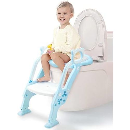GrowthPic Potty Training Toilet Seat with Step Stool Ladder for Boys – Toddler Toilet Trainer for Kids Ages 2-9, Adjustable Height, Soft Padded Seat, Non-Slip & Foldable – Blue