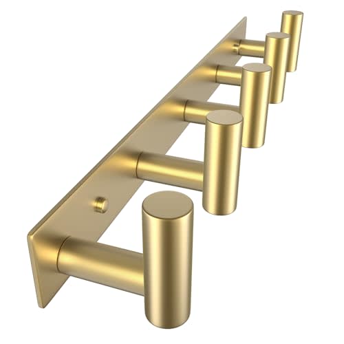 VAEHOLD Hat and Coat Wall Mount Rack - Hooks for Robes, Bags, Keys, and Towels - Bathroom Towel Hanger Organizer (Gold, T Shape 5 Hooks 1 Pack)