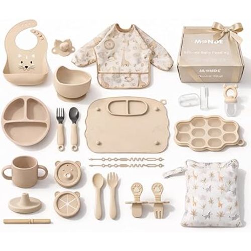MONDE 25PCS Ultimate Silicone Baby Feeding Set, Complete Mealtime Baby-Led Weaning Essentials From Infant To Toddler, Bib, Smock, Sippy Cup, Dry Wet Bag, Placemat, Perfect Premium Gift Set (Beige)