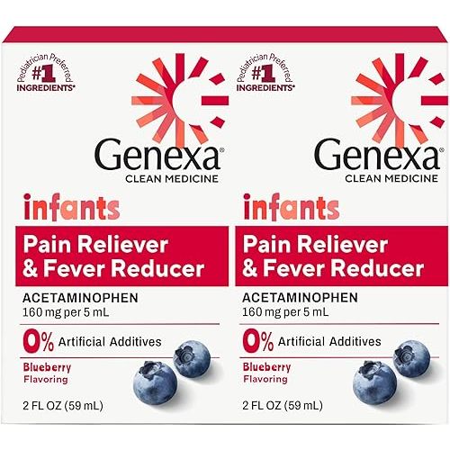Genexa Infants' Clean Acetaminophen | Pediatrician Preferred Ingredients | Pain Reliever & Fever Reducer for Babies | Dye Free, 0% Artificial Additives | Organic Blueberry Flavor, 4 fl oz (2 Pack)