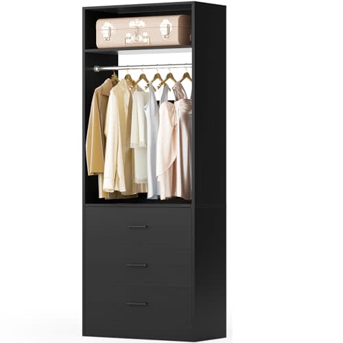 Besiost Freestanding 2FT Closet System with 3 Wood Drawers, 24" Closet Organizer System with Hanging Rod & Shelves, Walk-in Closet Systems for Small Closets, Black (24"L x 15" W x 80" H)