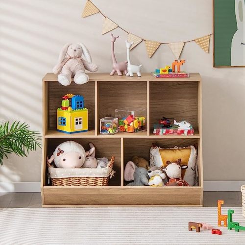 HONEY JOY Toy Storage Organizer with Bookcase, 5-Cubby Children Bookshelf Toy Storage Cabinet, Open Kids Toy Storage Shelf Book Display Rack for Playroom, Bedroom, Kindergarten, Nursery, School
