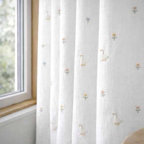 Hand-Embroidered Goose Linen Nursery Curtain, Floral Light-Filtering Window Panel